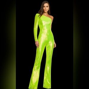 NWT, Ashley Lauren One-Shoulder Neon Green Sequin Jumpsuit. Fully Lined!